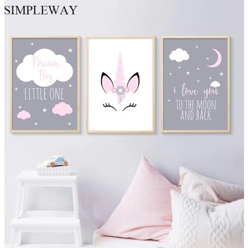 Unicorn Canvas Poster Baby Girl Nursery Quotes Wall Art Print Love You to the Moon Painting Nordic Kids Room Decoration Picture
