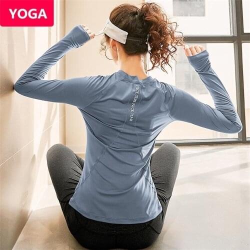 Yoga Crop Top Womens Long Sleeve Breathable Stretch Sportswear Quick Drying T-shirt Running Suit Mujer Camisetas