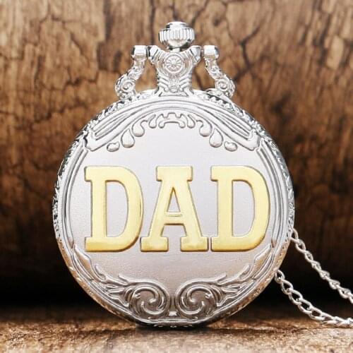 Fashion Fathers Day Gift Silver & Golden DAD Theme Pocket Watch With Necklace Chain Best Gift For Father Daddy