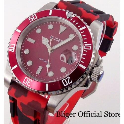 BLIGER Red 40mm Automatic Men Watch 24 Jewels NH35A MIYOTA 8215 Screwdown Crown Rubber Band Sapphire Crystal Date Magnifier