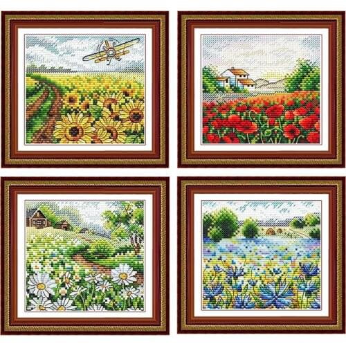 Fishxx Cross Stitch Kit Precision Printing C1519 Garden Farm Four Daisies and Sunflowers Hanging Paintings