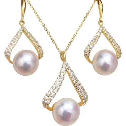 New Natural Freshwater white Pearl 10-11MM Tibetan Silver Earrings Pendant set