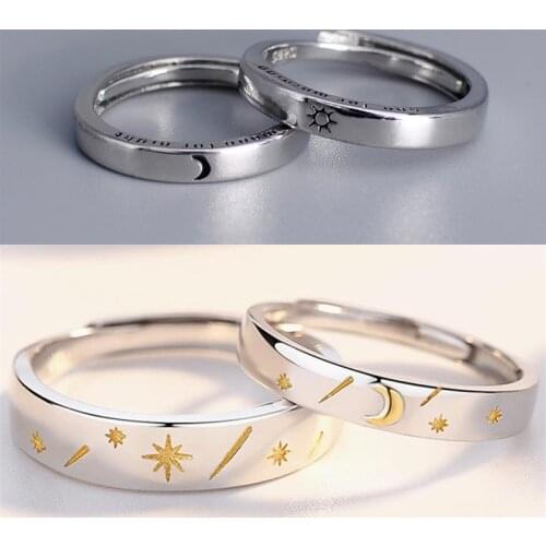 Sun Moon Couple Rings Minimalist Adjustable Size Ring Silver Color Opening Rings For Men Women Couple Engagement Jewelry Gift