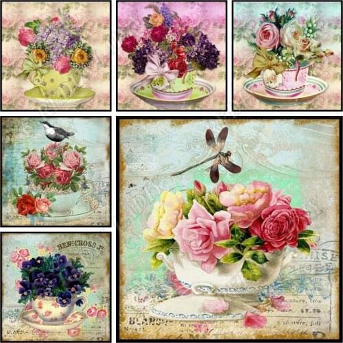 Full Square / Round Diamond Painting Flowers Cup Diamond Embroidery Crystal Mosaic Pattern Beaded Cross Stitch Crafts Home Decor