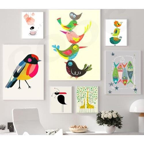 Cute Birds Colorful Animal Posters Prints Nursery Wall Art Canvas Painting Child Picture Baby Kids Room Home Decor