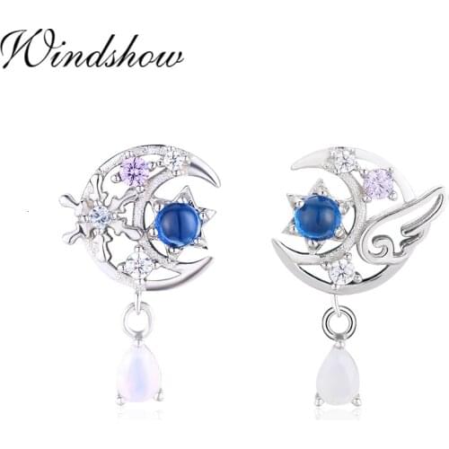 Cute 925 Sterling Silver Design Moon Crescent Set CZ Stones Pear Charms Stud Earrings For Women Girls Jewelry Orecchini Boucles