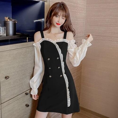 COIGARSAM Sexy Patchwork Women dress Spring Full Sleeve Spaghetti Strap Dresses Black 5127