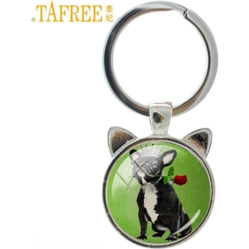 TAFREE Dog keychain cute cartoon art glass cabochon key chain for women men gift animal New fashion ring holder jewelry A167