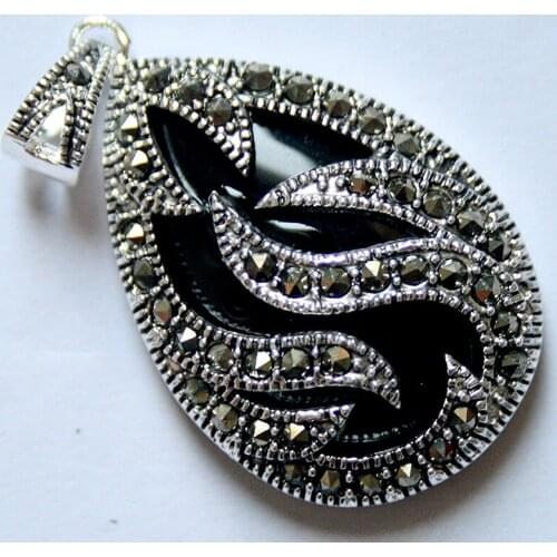 VINTAGE 925 STERLING SILVER INLAY BLACK JADE MARCASITE PENDANT 30x20MM