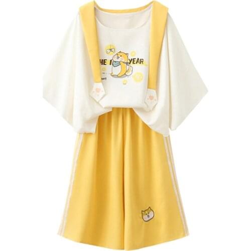 XUANHAO harajuku sailor collar sweet white t-shirt yellow wide leg pants 2 piece set women spring summer clothing set girl