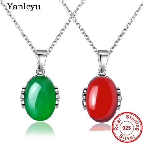 Yanleyu Natural Green Chalcedony Red Agate Pendant Necklace Vintage 925 Sterling Silver Fashion Women Jewelry PN051
