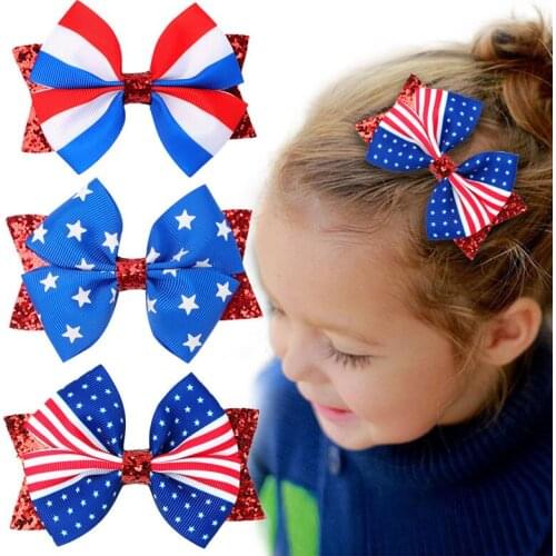 12 PCS, 4th of July Glitter Ribbon Bow Hair Clips, 3.5 inch Patriotic Hair Bow Clips Kids Girls Hair Accessories