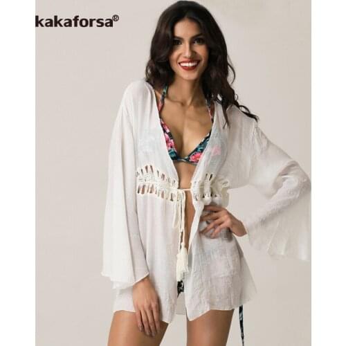 Kakaforsa 2019 Sexy Crochet Bikini Cover Up Cotton Tunics Tops Women Solid Knitted Beach Cardigan Swimsuit Bathing Suit Cover Up