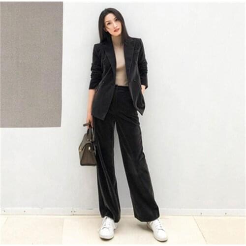 Fashion Gold velvet Suits female women fall spring New high quality Smoked gray gold velvet suit + trousers two-piece Suit women