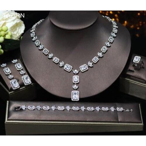 Elegant 5A Full Zirconia Platinum Plated Wedding Bridal Jewelry Set CZ Necklace Bracelet Dangle Earrings and Ring Birthday Gift