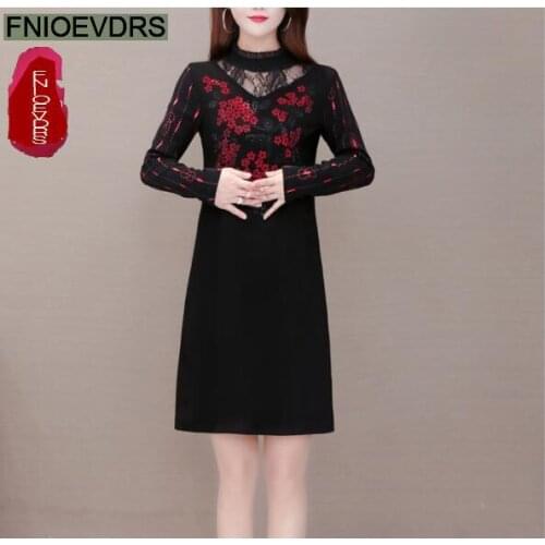 M-5XL 2021 Fall Autumn Feminine Vestido Women Office Lady Basic Floral Print Vintage Retro Patchwork Hollow Out Sheer Mesh Dress