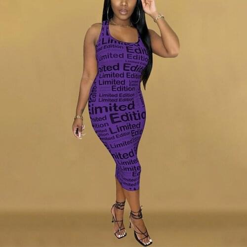 Women Midi Dress Letter Printed Sling Tight Sleeveless Round Neck Hedging Fashion Casual Summer Dress 2021