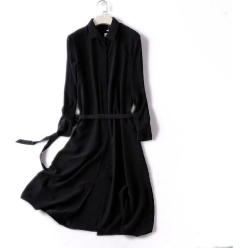 Women Summer Silk Dress Vintage Black Natural silk dresses Elegant Dress Casual holiday real silk long shirt dress