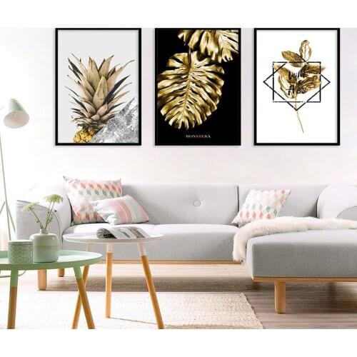 Golden Leaf Monstera Pineapple English Alphabet Plant Triptych Canvas Painting Living Room Background Wall Art Decor Pictures