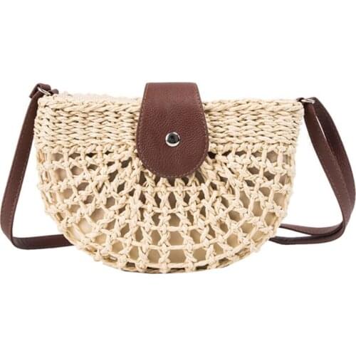 066F Women Woven Straw Crossbody Bag Faux Leather Strap Semicircle Shoulder Handbag