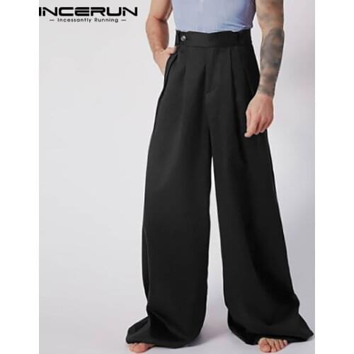 2021 Men Wide Leg Pants Solid Color Streetwear Button Loose Fashion Trousers Men Pockets Vintage Casual Pantalon S-5XL INCERUN