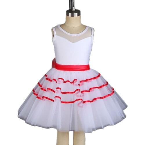 New Arrival of Kids Ballet Dance Tutu with Red Ribbon Puffy Tutu Skirts Girls Ballerina Dress Performance Dance Costume 21211