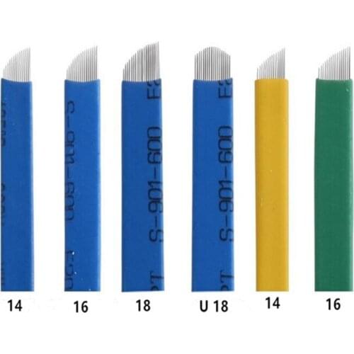 50 pcs China Blue 12 14 Pins Permanent Makeup Eyebrow Manual Blade Tattoo Needle for Embroidery Tattoo Pen By Free Shipping