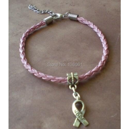 50PCS Vintage Silvers Charms Hope Ribbon Bracelets Pink Weave Leather Good Luck Bracelets Bangles For Women Accessories X298