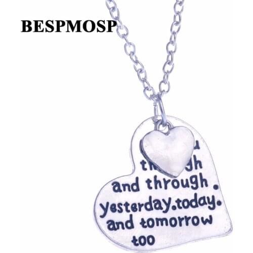 Bespmosp 24PCS/Lot Wholesale Hot Trendy"I Love You Through And Through Yesterday Today and Tomorrow Too Double Heart Necklace