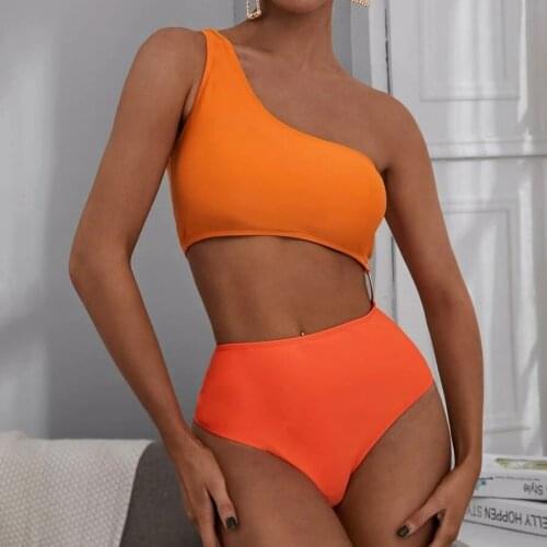 One Shouler High Waist Bikinis 2021 Mujer Swimwear Women Color Patchwork Swimsuit Sexy Bathing Suit Two Piece Bikini Set Femme