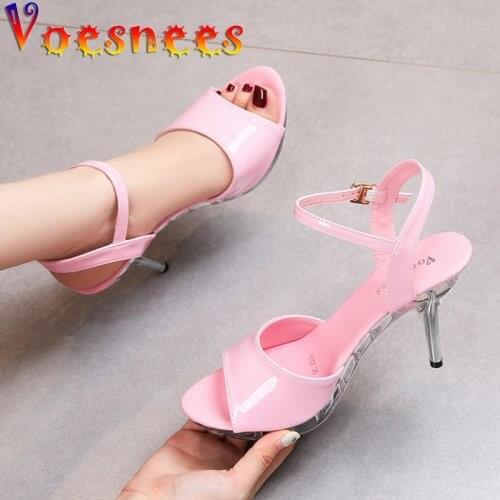 Summer Candy Color Patent Leather Sandals Buckle Straps Platform Peep Toe Thin Women Shoes Crystal Heel 10cn High Sexy Heels