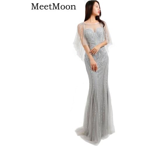 MeetMoon Luxury Grey Beaded Evening Dress Long Formal Birthday Party Gown Mermaid With Shawl Pageant Dresses Robe De Soire