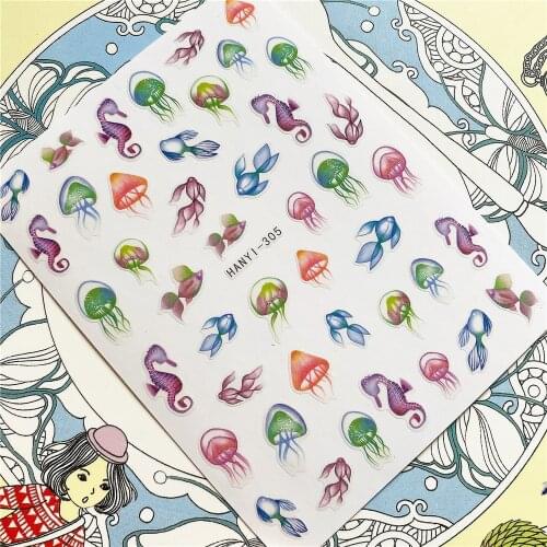 HANYI-304 HANYI-305 Jellyfish seahorse butterfly 3D Back glue Nail Art Stickers Decals Sliders Nail ornament decoration
