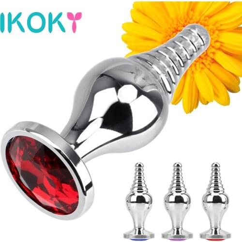 IKOKY Thin Screw Thread Anal Plug Anal Beads Anus Dilator Prostate Massager Removable Tail Jewelry Metal Butt Plug