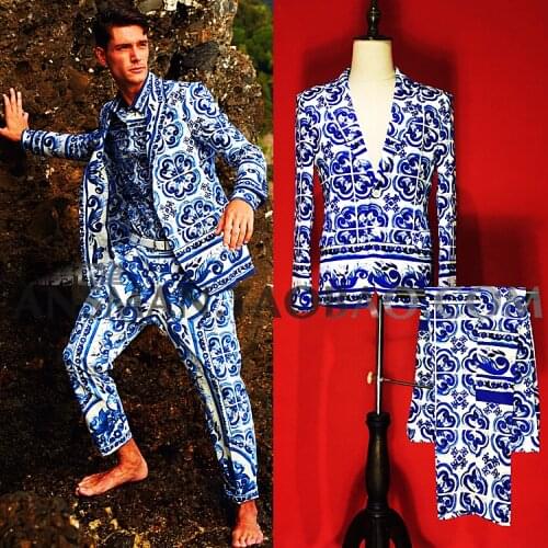 Nightclub male singer DJ male model GOGO high-end stretch satin Chinese style blue and white porcelain suit costume suit