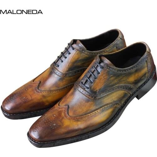 MALONEDA Bespoke Italy Style Mixed Color Genuine Cow Leather Oxfords Handmade Goodyear Brogue Formal Dress Shoes For Male