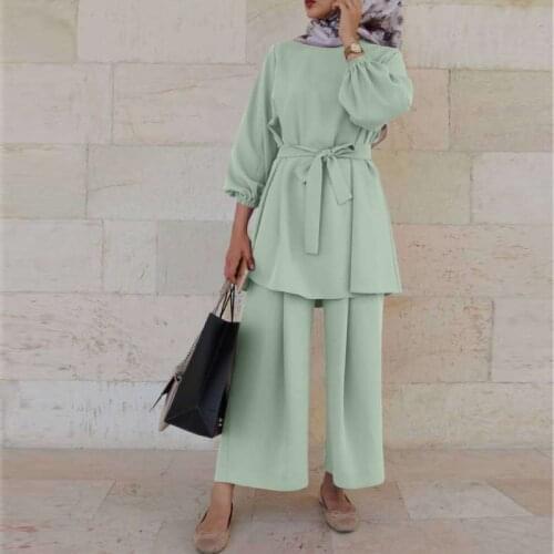 Eid Mubarek Turkey Two-piece Muslim Sets Fashion Caftan Kaftans Islamic Clothing for Women Solid Dubai Musulman Tops Pants Set
