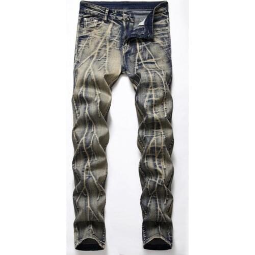 Men Slim Straight Stretch Denim Jeans Streetwear Vintage Retro Washed Pants Trousers