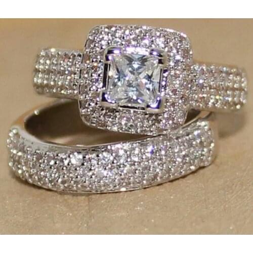 Huitan Modern 2Pcs Rings Set Jewelry for Women Mosaic AAA White Cubic Zirconia Trendy Double Stackable Rings Wedding Accessories