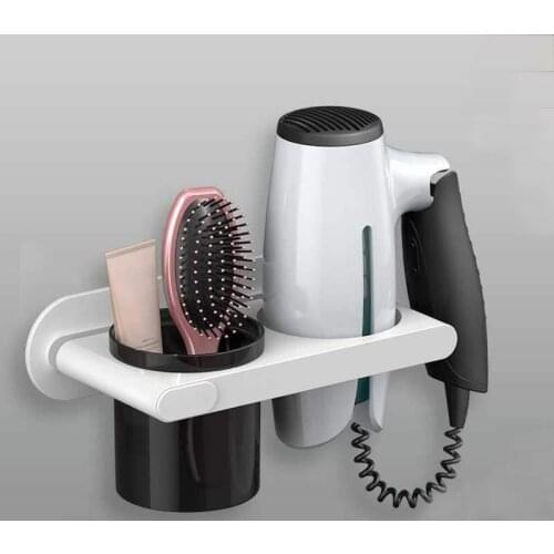Wall Mounted Hair Dryer Holder Organizer Punch-Free Hairdryer Shelf Storage Rack Self-Adhesive Bathroom Accessories Set Stand