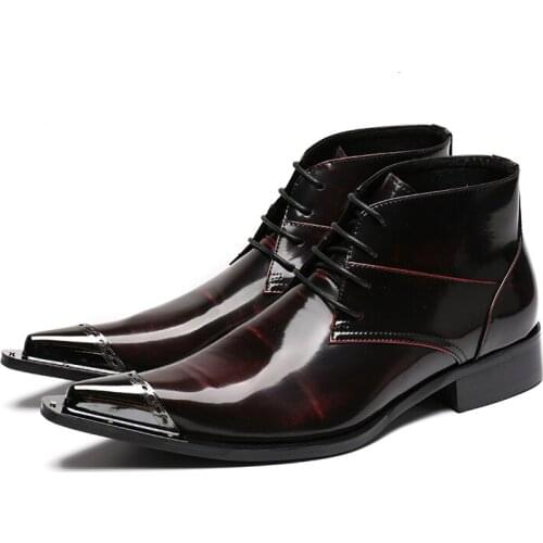 Shoes Wine Red Men Winter Boots Metal Pointed Toe Lace up Men Ankle Boots Business Genuine Leather Boots
