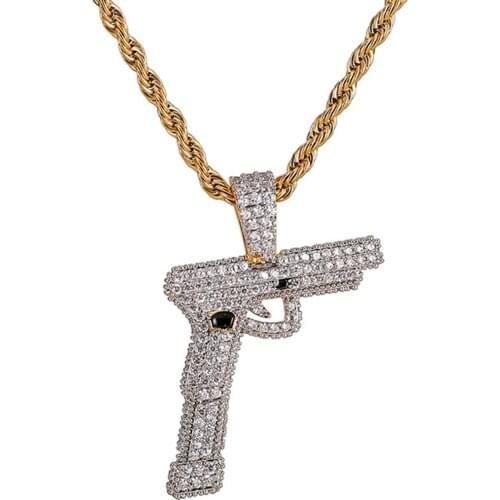 Hip Hop Micro Paved AAA Cubic Zirconia Bling Ice Out Automatic pistol Gun Pendants Necklaces for Men Rapper Jewelry Gold Color