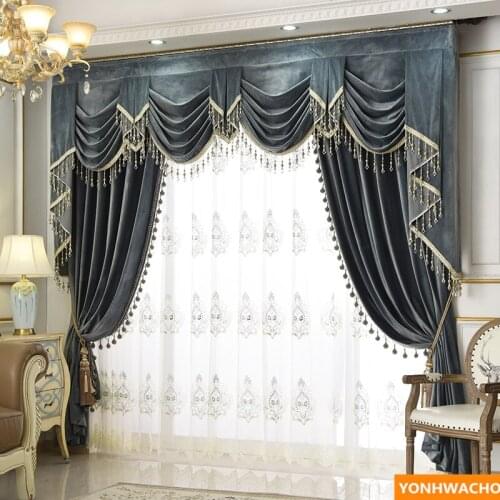Custom curtains high grade luxury simple modern grey thick Italian velvet cloth blackout curtain tulle valance drapes N955