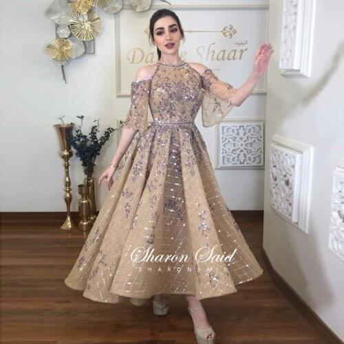Luxury Dubai Champagne Prom Dresses with Sleeves Short Front Long Back Arabic Evening Dress for Women Wedding Party Gowns 2021