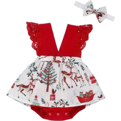 Christmas Xmas Baby Girl Bodysuit Infant Toddler V-neck Clothing Tutu Jumpsuit Bodysuits Costume Red Headband Outfit Clothes