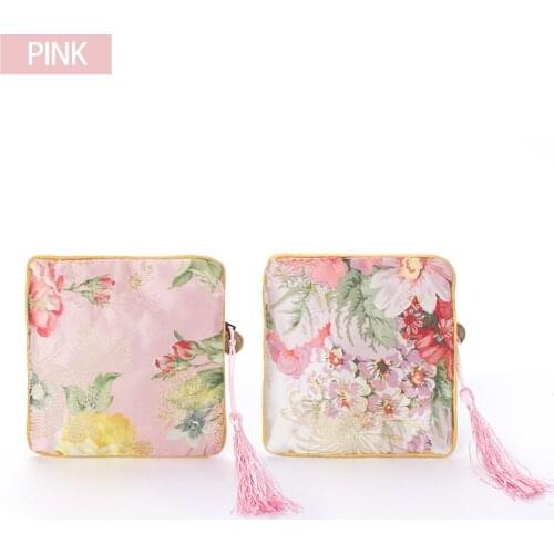 Pink Brocade Chain Jewelry Storage Bag Women Earring Pendent Bracelet Ring Packaging Gift Showcase Jewellery Organizer Portable