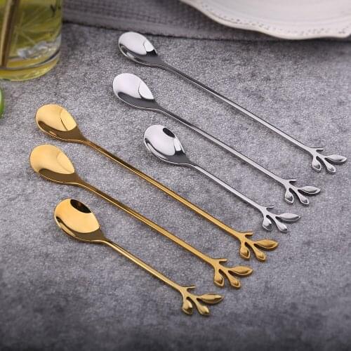 Nordic minimalist creative stainless steel spoon gold-plated coffee spoon stirring spoon long handle leaf spoon wedding gift