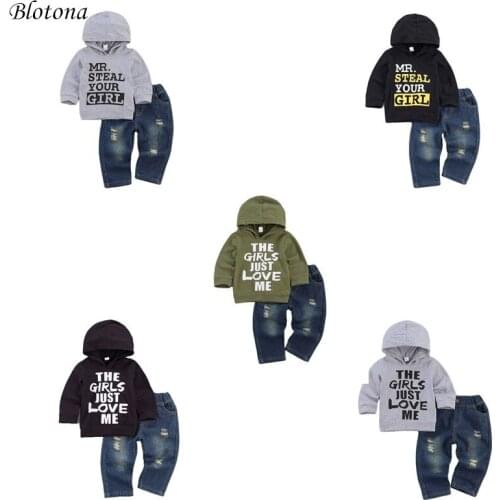 Blotona Baby Boy Hooded Sweater Tops+ Jeans Letter Print Long Sleeve Hoodie Elastic Waist Hole Denim Pants Autumn Clothes 6M-3Y