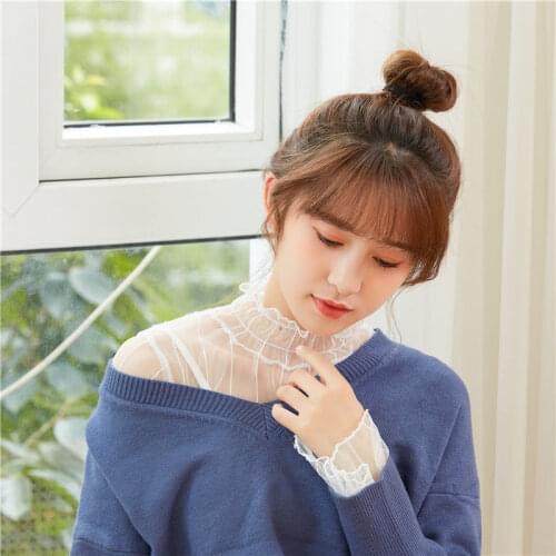 Sexy Turtleneck Teens Flare Sleeve Solid Shirts Women Thin Transparent Korean Style Summer Chic Popular Hollow Out Slim Casual