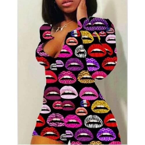 Women Lips & Leaves Patterned Jumpsuits Casual Tight Long Sleeve Strechy Slim Rompers for Spring Fall